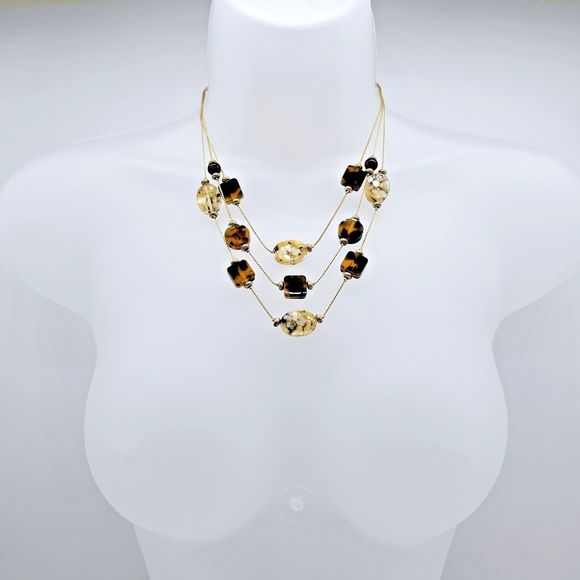 Abalone Chip Station Necklace Faux Tortoise MOP Multi Layer Statement Jewelry - Picture 8 of 10